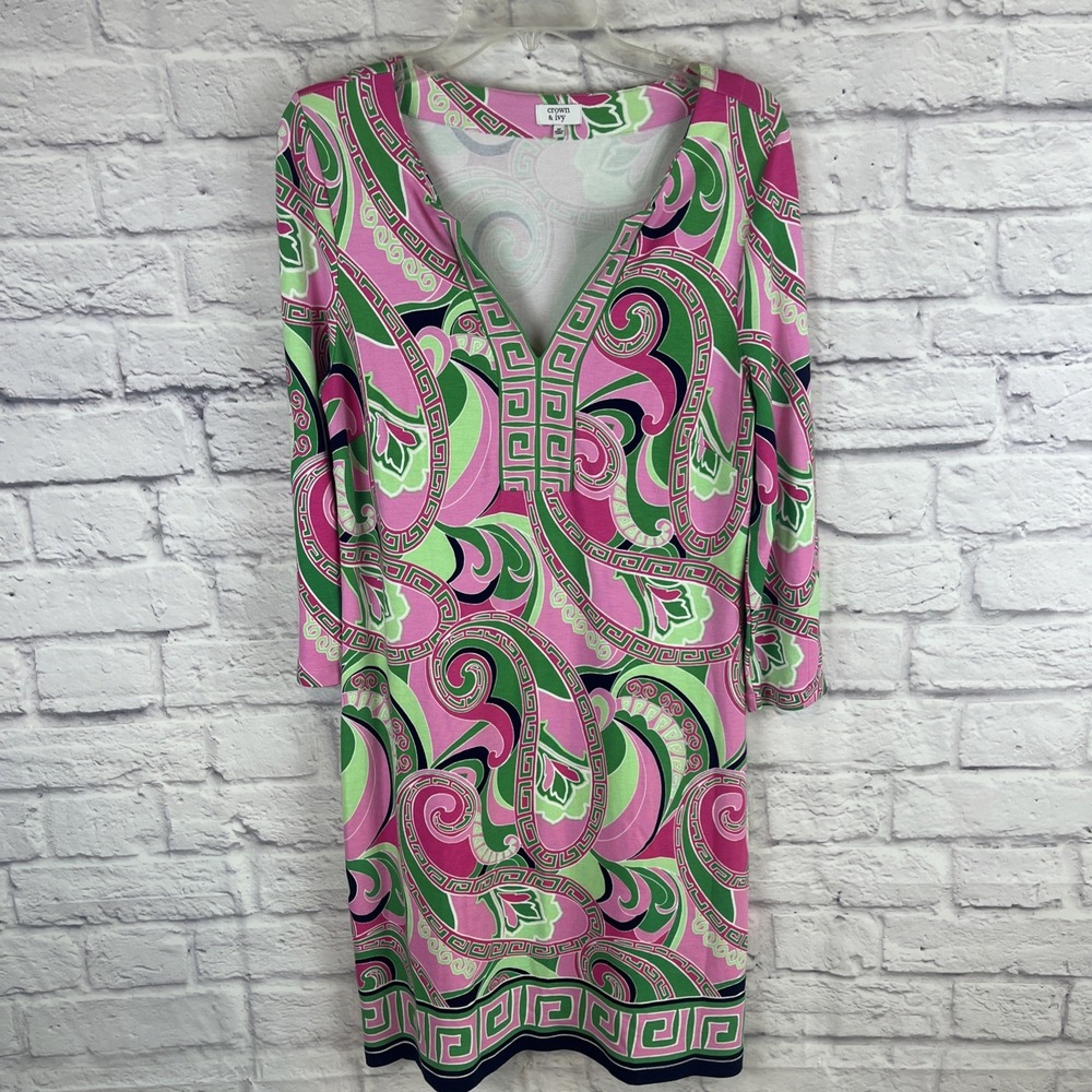 Crown & Ivy Boho Resort Wear Pink Green Paisley Midi Dress Size Medium Preppy